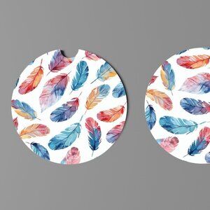 Water Color Feather Print Car Coaster Set - NWT